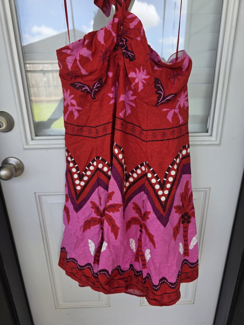 NWT I. State Halter Sundress Sz L Red Pink Tropical Palm Tree Tie Neck Dress - Picture 6 of 11